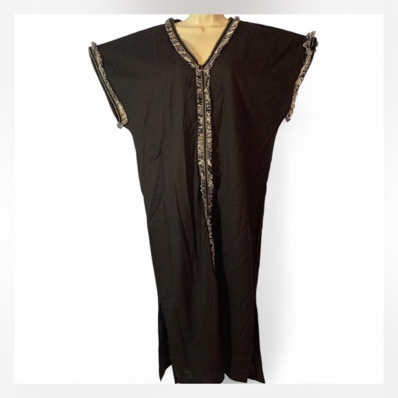 Michael stars one size Black Kaftan with Embroidered fringe Trim cotton gold - Picture 1 of 7